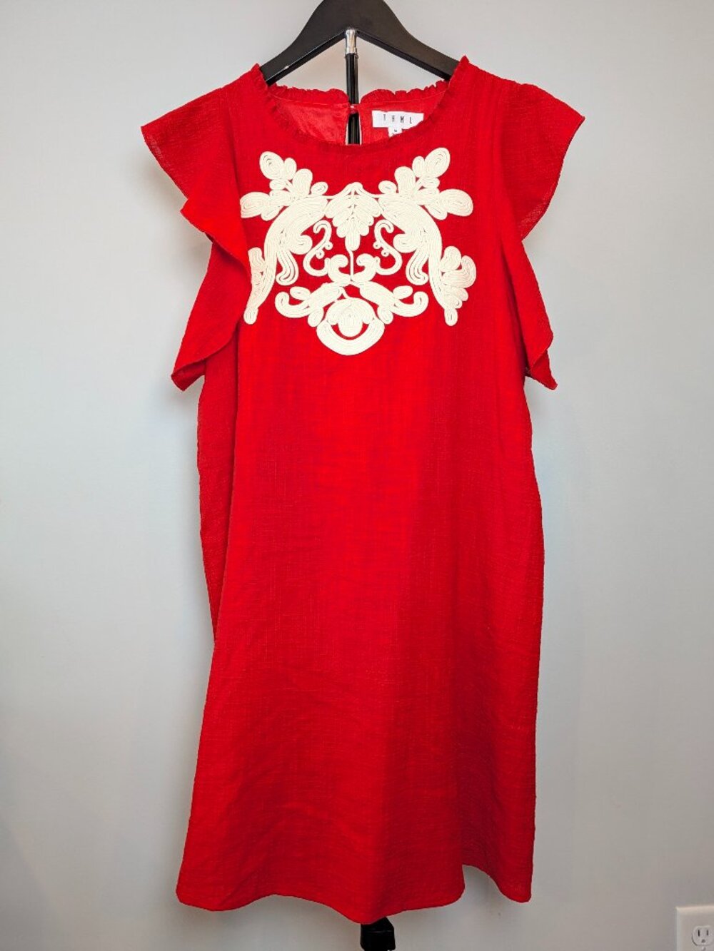 THML Women's Size M Red Embroidered Ruffle, Flutter Sleeved Dress Coastal Euro